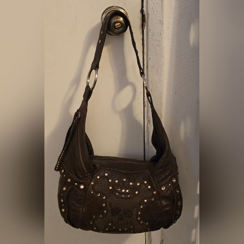 KIPPYS Fabulous Italian Leather Skull Swarovski Crystals & Studded Shoulder Bag